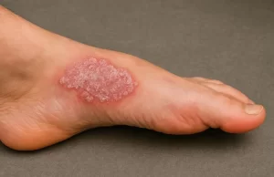 Lesión de psoriasis en el empeine del pie, con placa roja, inflamada y escamosa, característica de la psoriasis plantar.