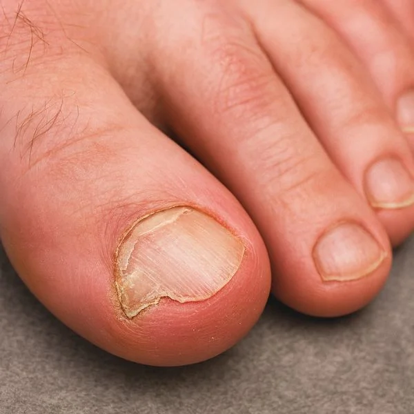 Uña del pie engrosada y con rotura parcial, síntoma común de psoriasis ungueal.