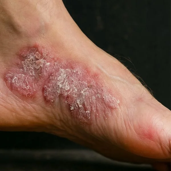 Placa roja con descamación en el lateral del pie, lesión típica de psoriasis plantar.