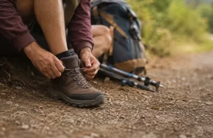 Peregrino ajustando sus botas para cuidar los pies en el camino de Santiago antes de una etapa larga