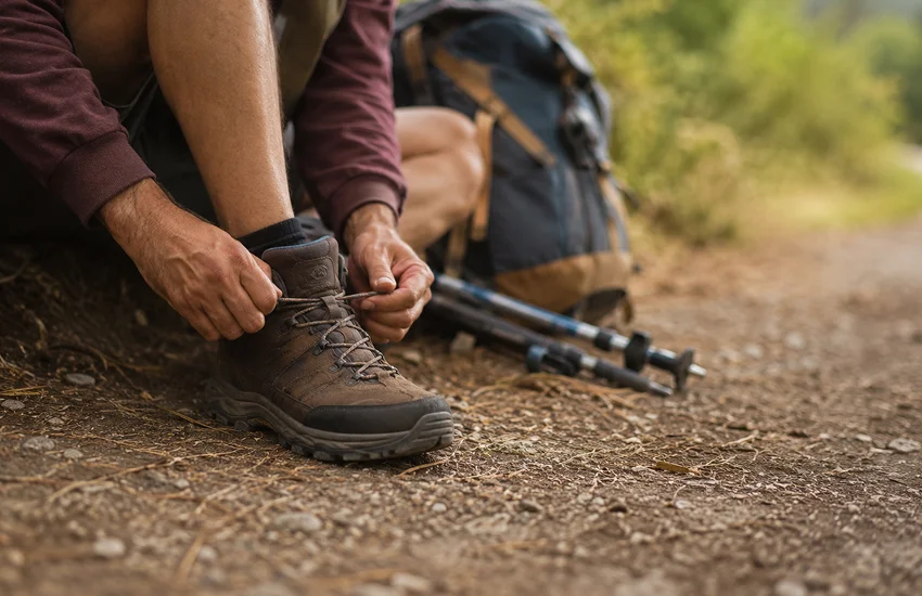 Peregrino ajustando sus botas para cuidar los pies en el camino de Santiago antes de una etapa larga