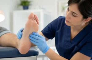 Valoración podológica de verrugas en los pies en un entorno clínico limpio y cercano